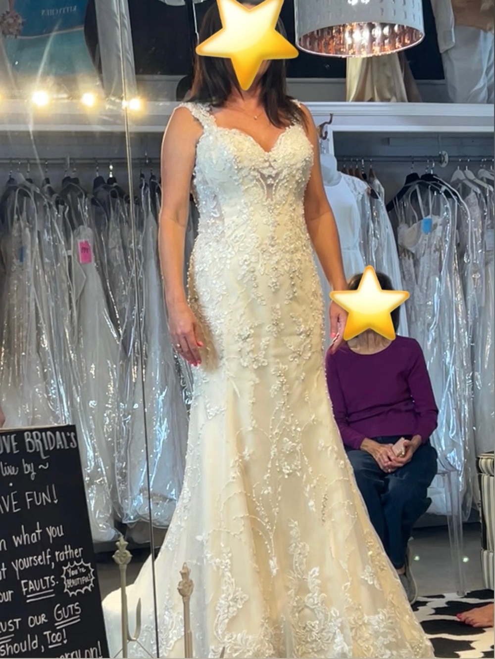 Mon Cheri Ivory Lace Wedding Dress with Beaded Appliqué